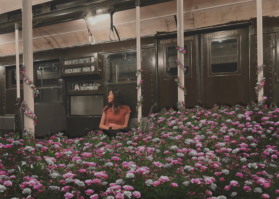 Girl on subway with garden surrounding